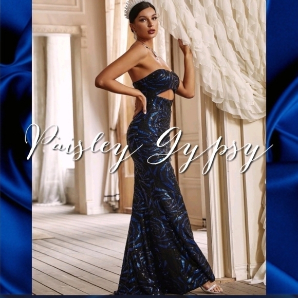 PREMIUM BRAND AND QUALITY GEOMETRIC SEQUINED STRAPLESS MERMAID MAXI DRESS - Picture 6 of 16